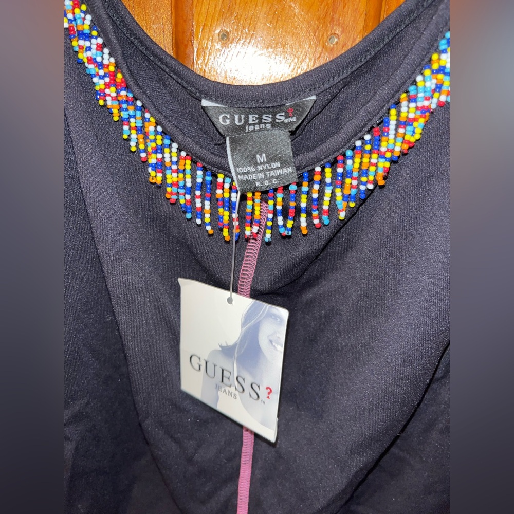 NWT Guess Tank Size Medium | Black with Beaded Fringe & Pink Stitching - Picture 3 of 3